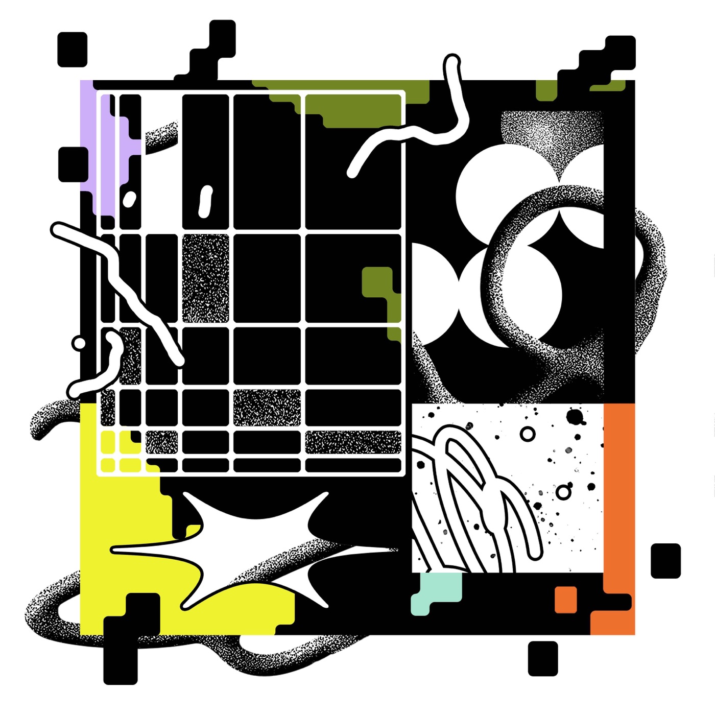 Abstract collage cover — a black grid, halftone ribbons and blocks of yellow, orange and lilac
