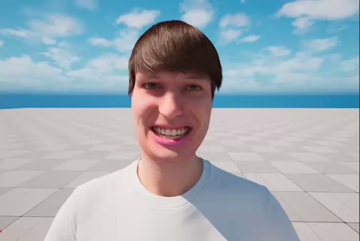 A grinning computer-generated figure on a tiled plane under a bright sky