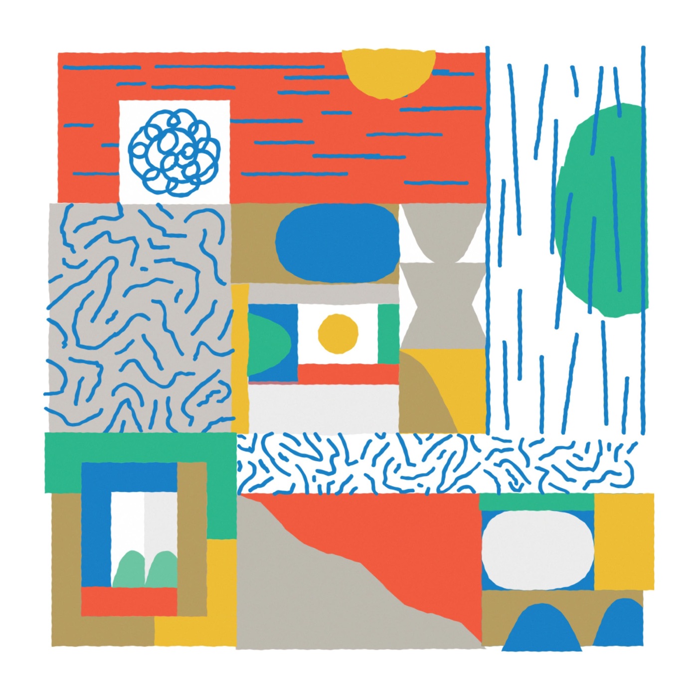 Hand-drawn blocks of orange, green and blue with squiggled line patterns, arranged like a quilt