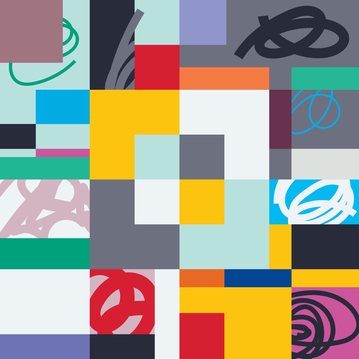 A grid of flat colour blocks — teal, yellow, red and grey — overlaid with loose looping line drawings